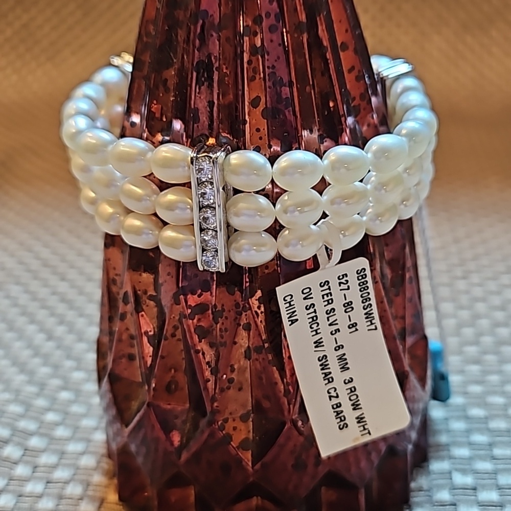 Honora Fresh Water Oval Cultered Pearl Bracelet 3 strand w 3 Swarovski CZ Bars - Picture 4 of 7